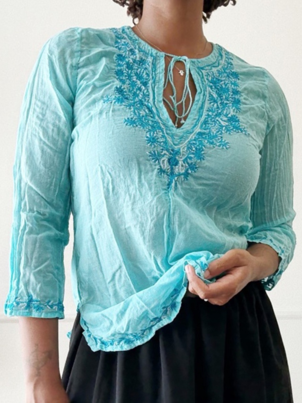 Joie aqua blue long sleeve embroidered peasant top